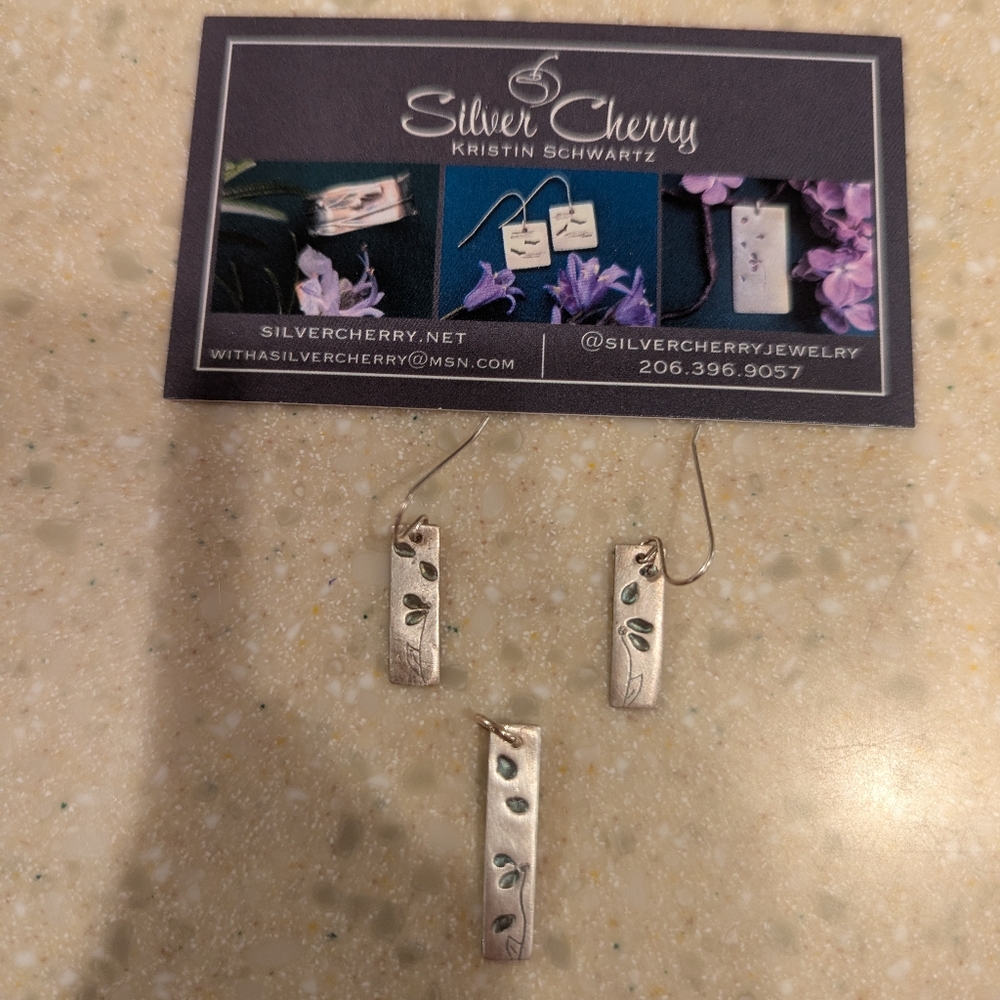 Etched Silver Pierced Earrings And Pendant By Silver Cherry, Kristen Schwartz